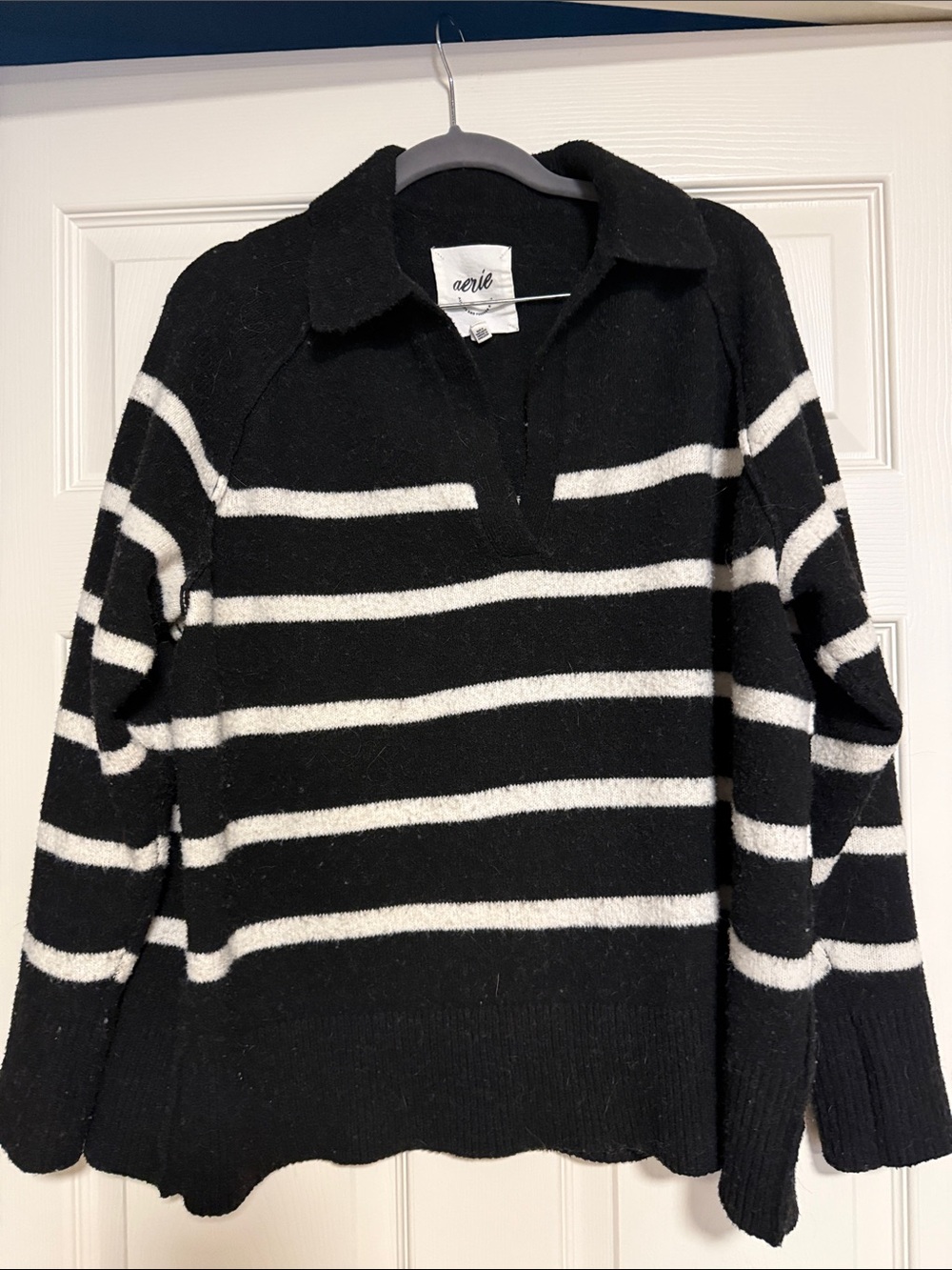 aerie Black and White Striped V‑Neck Collared Sweater